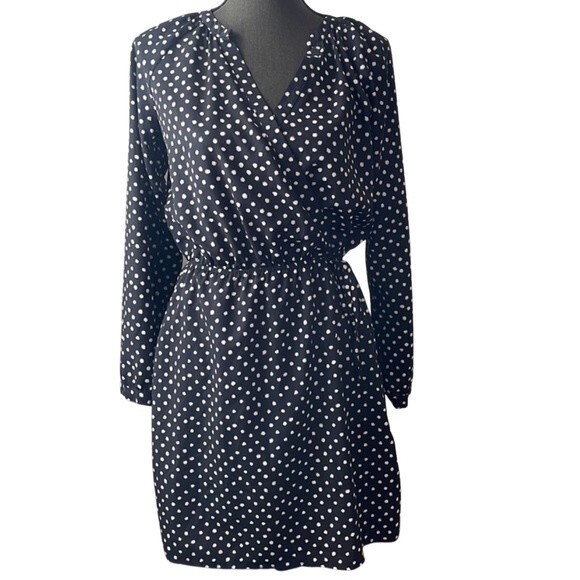 Collective Concepts navy & white polka dot long sleeve faux wrap dress small - Picture 2 of 6